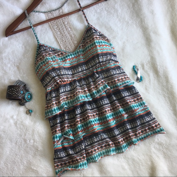 ✌🏼Boho Crochet Lace Yoke Tiered Ruffle Front Top - Picture 8 of 8